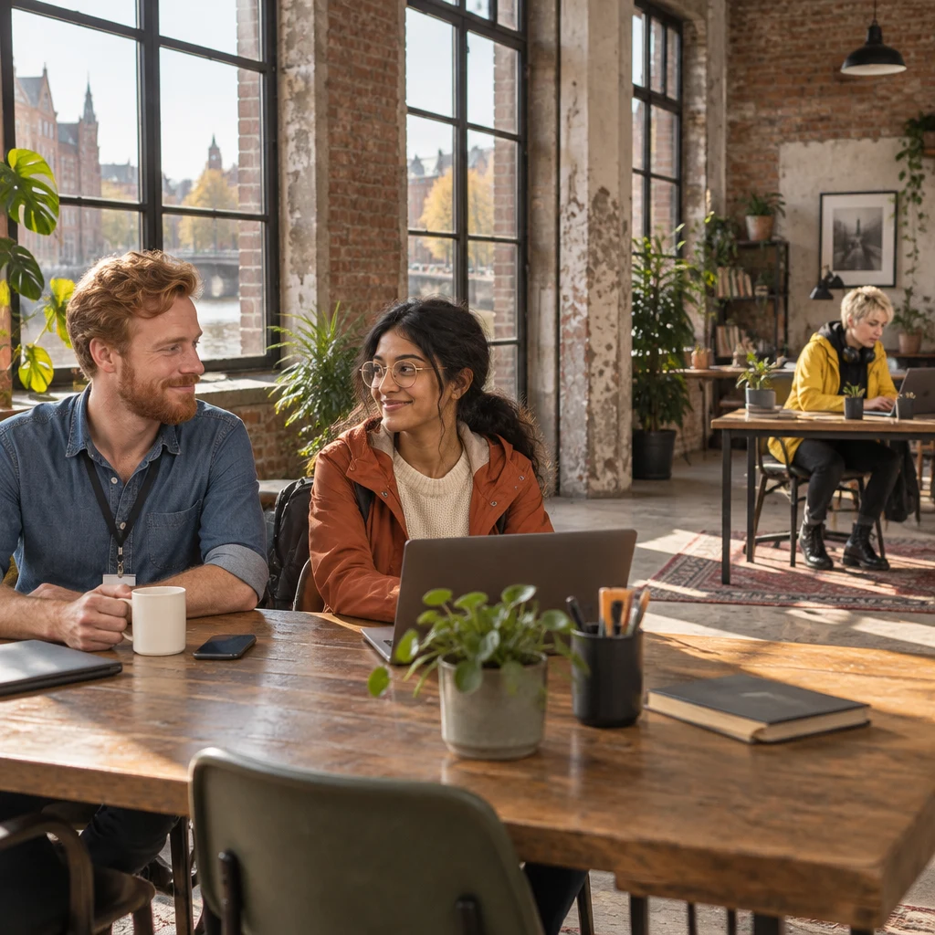 Jonas sits by an untouched mug and phone while Priya is nearby and Jule works at the far desk.