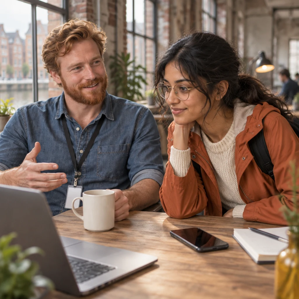 The untouched mug fills the foreground as Jonas pauses and Priya leans closer to hear him repeat the message.