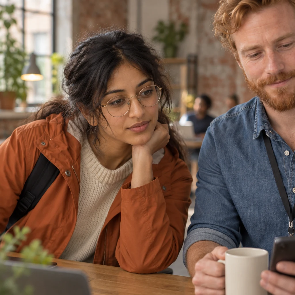 Priya leans toward Jonas's phone, concentrating as the voice message ends before its final words.