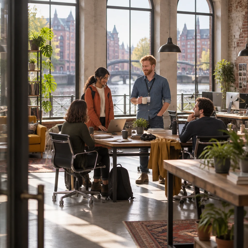 Priya stands at the long desk while Jonas holds his mug and two coworkers wait nearby with their headphones off.