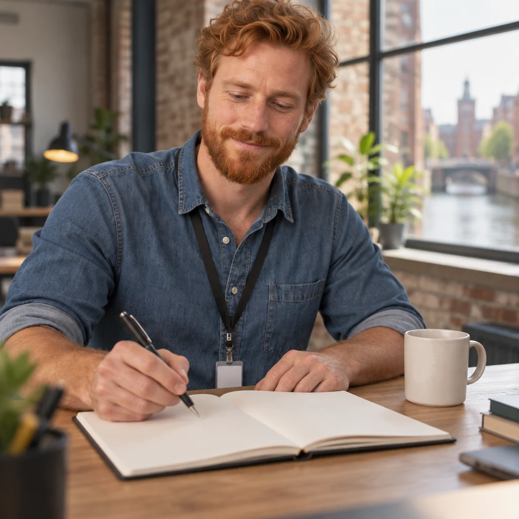 Jonas marks a place beside a blank notebook on the desk.
