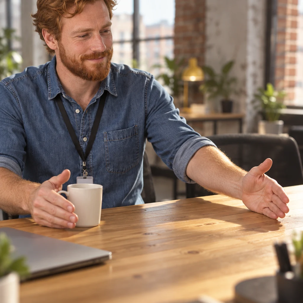Jonas marks a now-and-later split with his hands beside his mug.