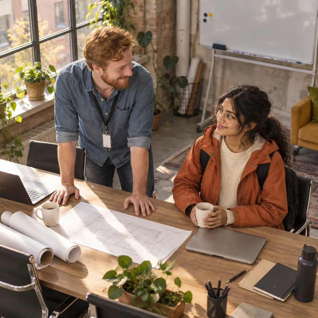 Jonas presses his palms to the desk as he and Priya settle on the revised delivery plan.
