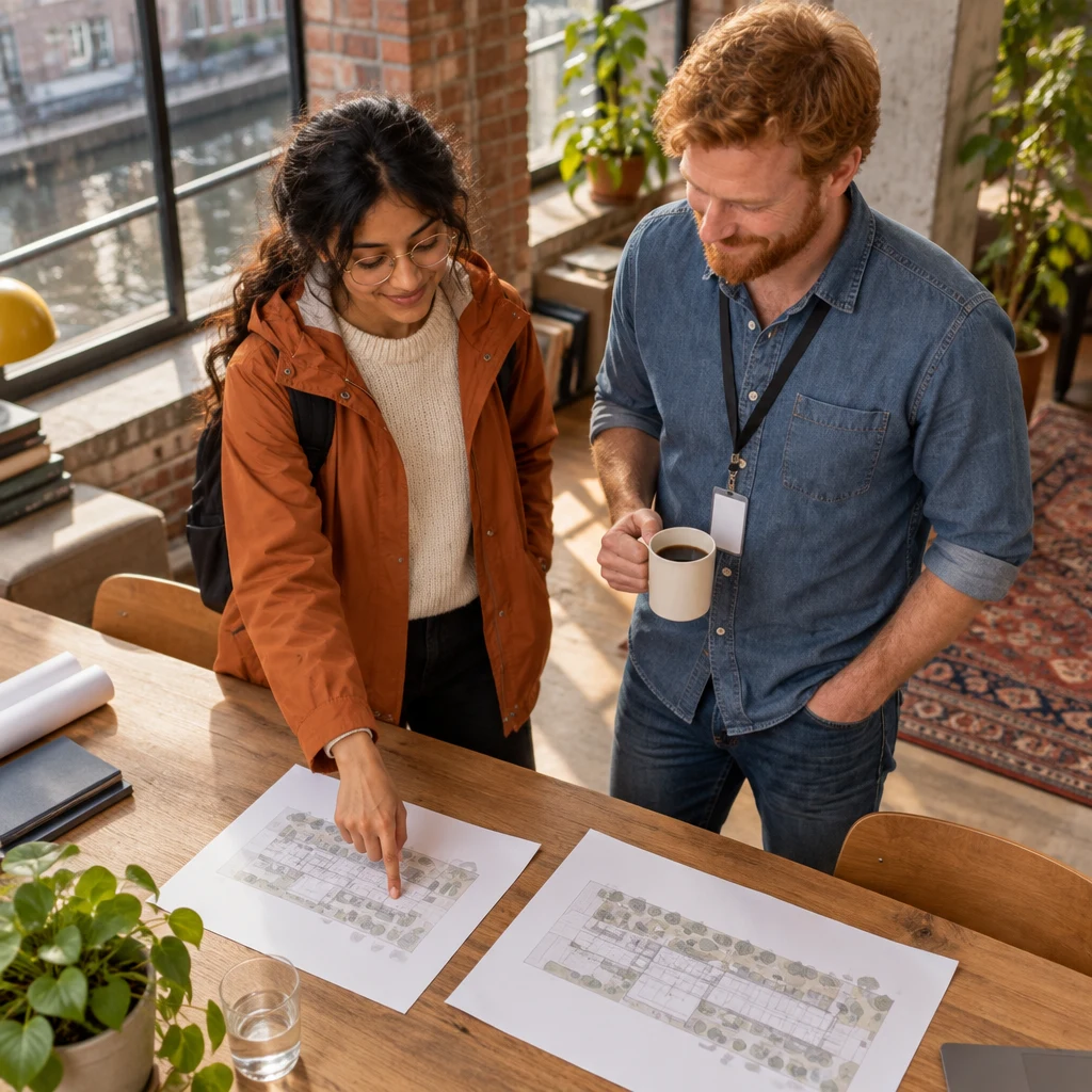 Priya points to the shorter draft while Jonas considers her choice.
