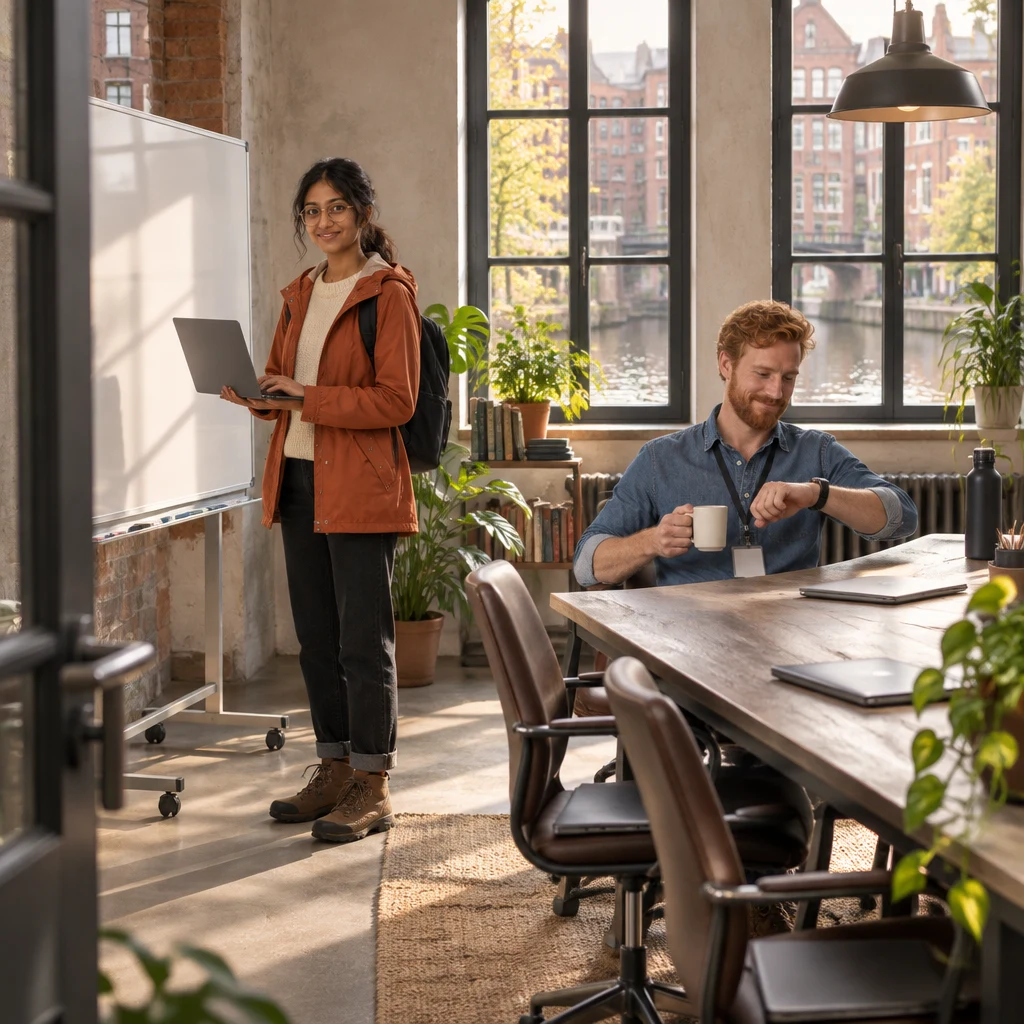 Priya stands by the blank whiteboard while Jonas sits at the long desk with his coffee and checks the time.