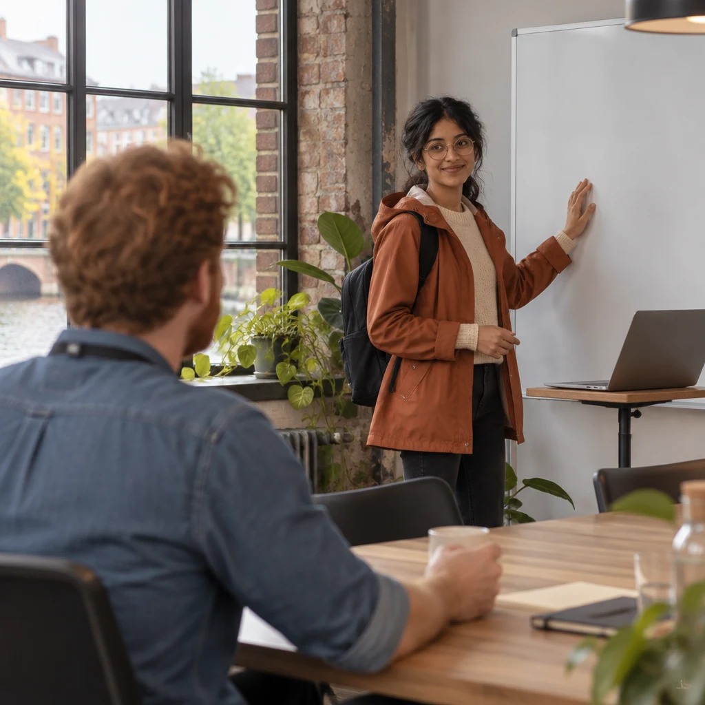 From behind Jonas, Priya begins with the background, her palm resting on the blank whiteboard.