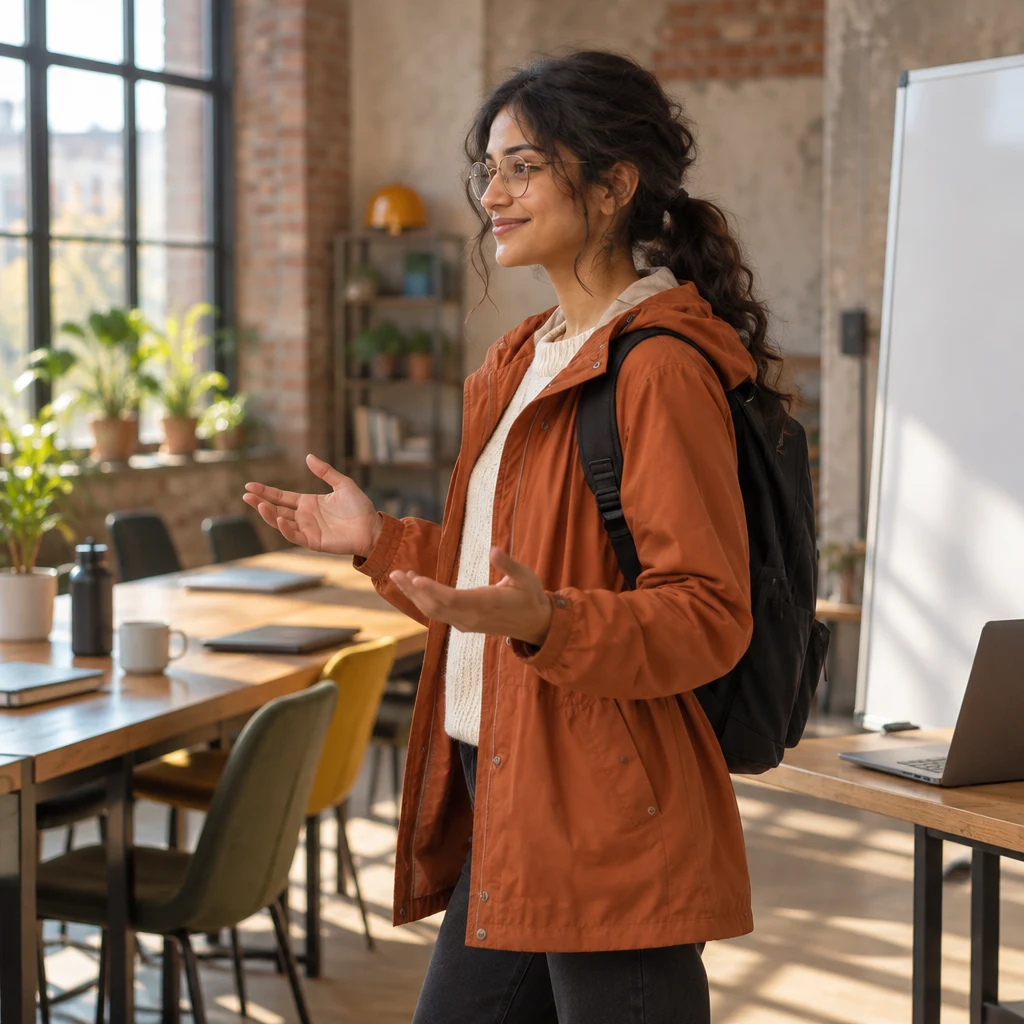 Priya steps toward the long desk with open hands as she presents her proposal.