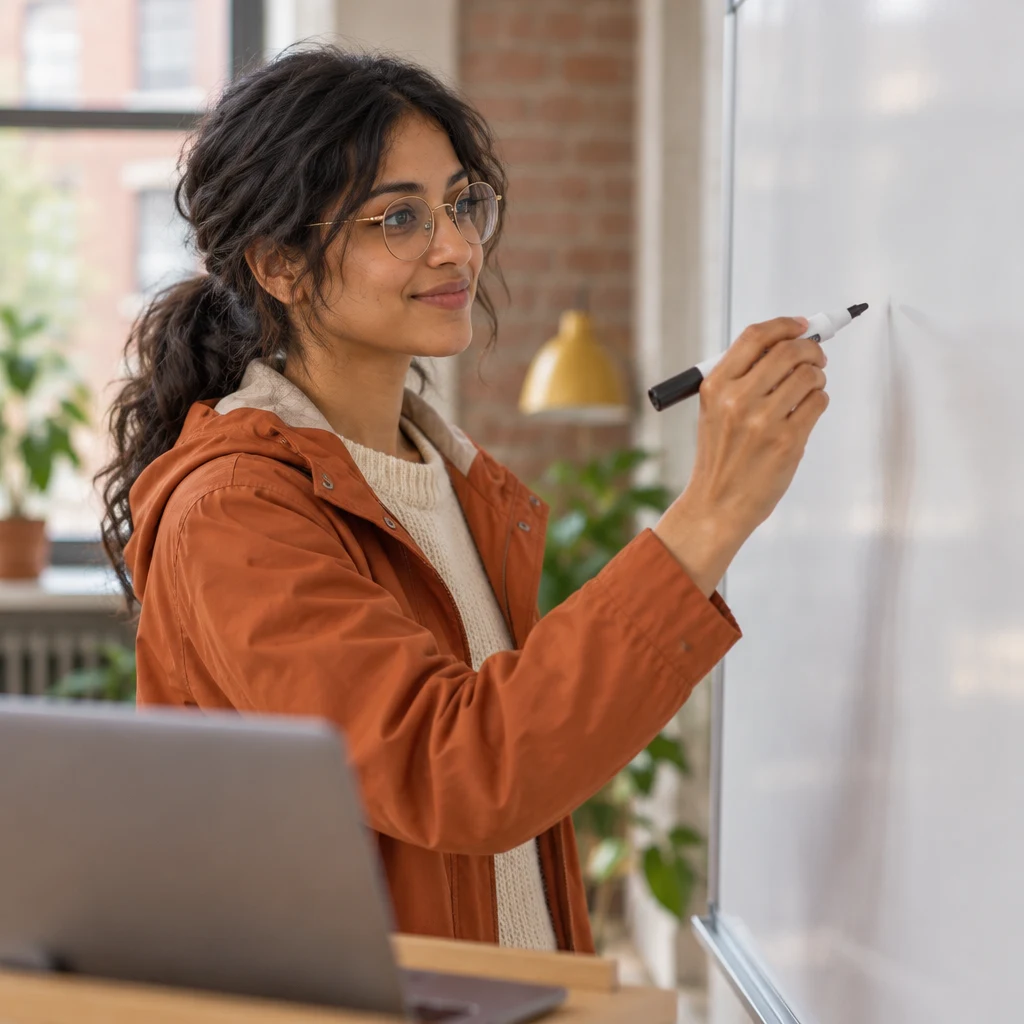 Priya holds a marker near the blank board while outlining the next steps.