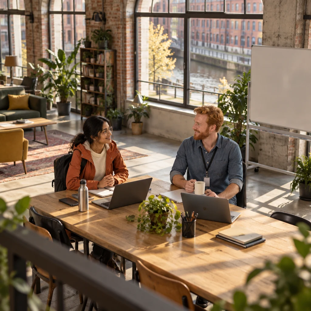 Late-afternoon light fills the canal-side loft as Jonas sets down his mug and turns to Priya at their shared table.