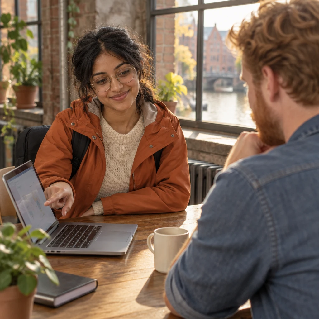 Priya turns the laptop toward Jonas and gestures for them to try the simple version instead of waiting.