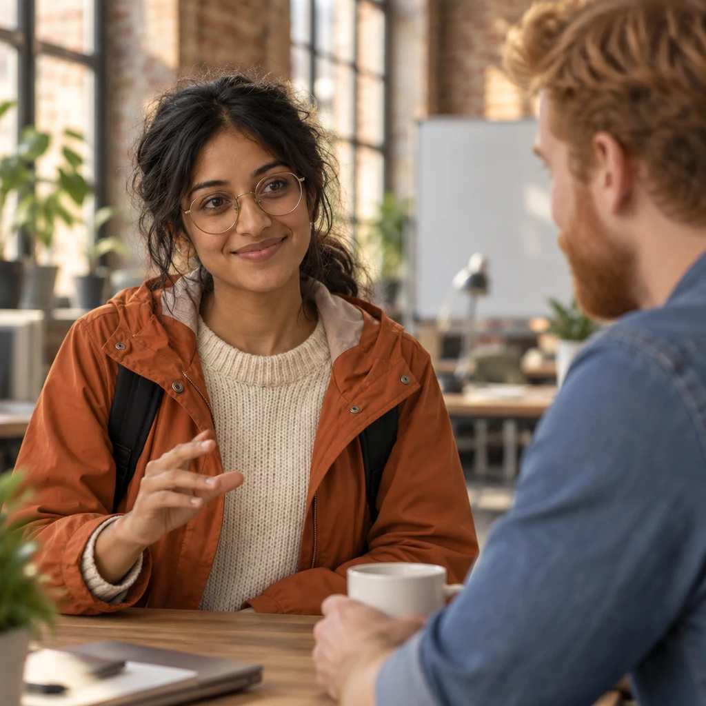 Priya calmly emphasizes her clear reasons while Jonas listens from across the table.