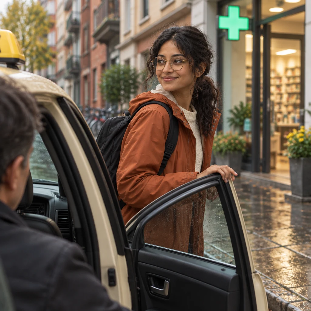 Priya is halfway out of the taxi and turns back to ask the driver to wait.