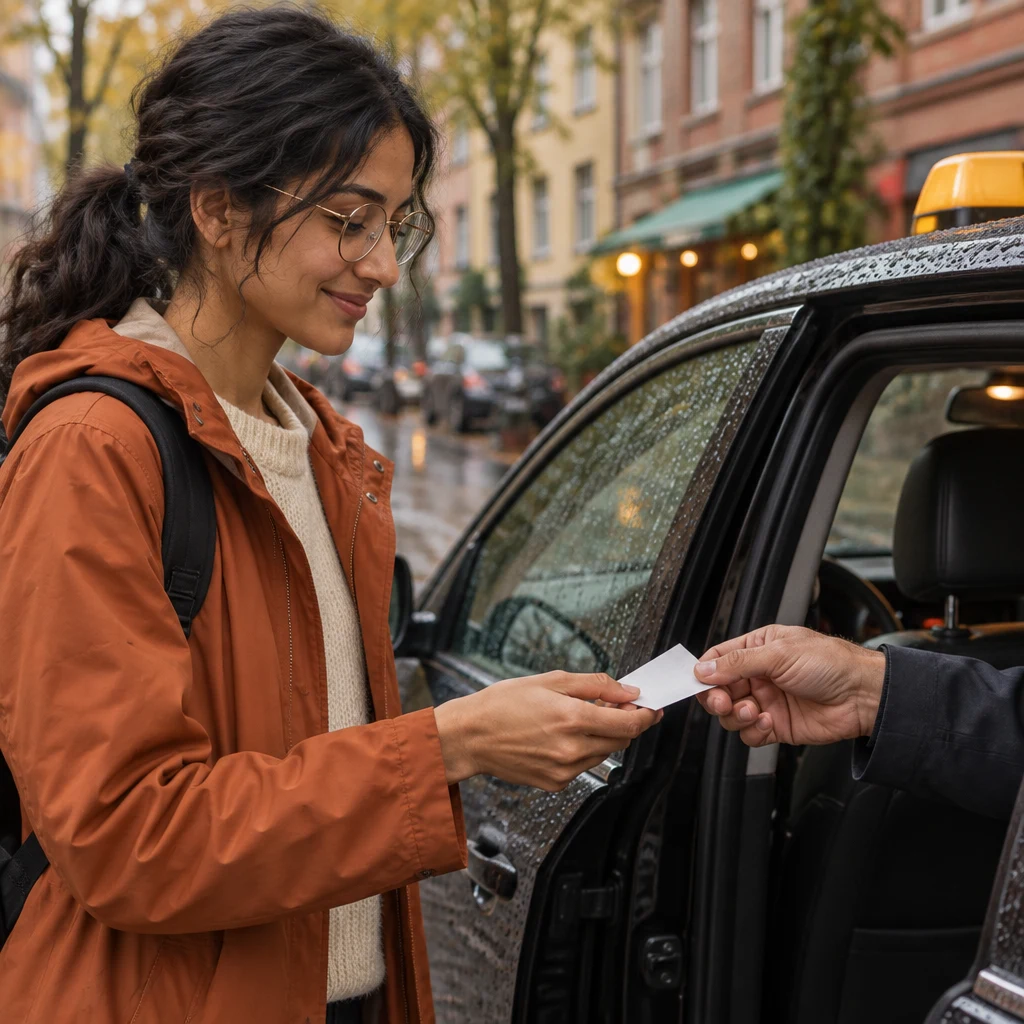 Priya takes a receipt from the driver before leaving the taxi.