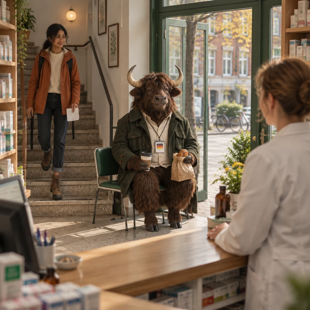Priya comes down the stairs into the ground-floor pharmacy, while Anton waits in the doorway and the pharmacist stands at the counter.