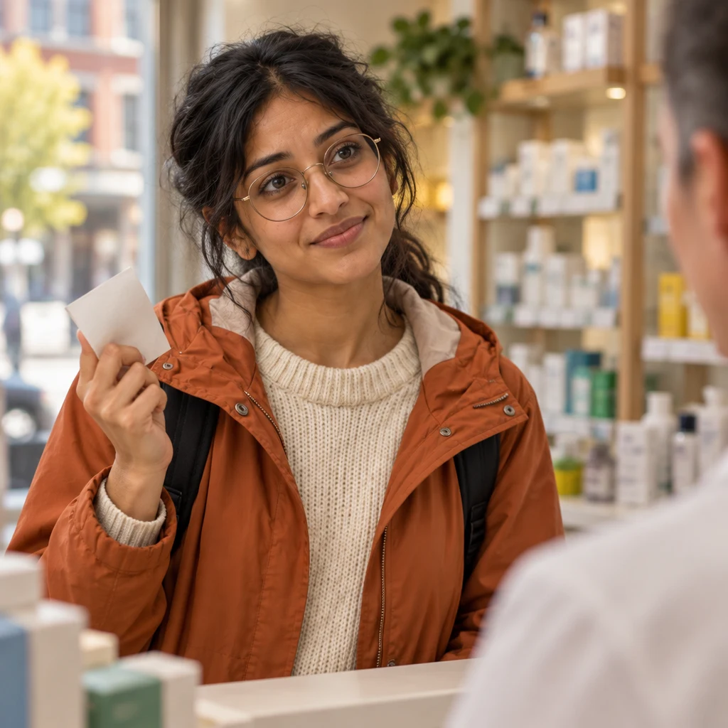 Priya tilts her head with a question while holding up the folded note for the pharmacist.