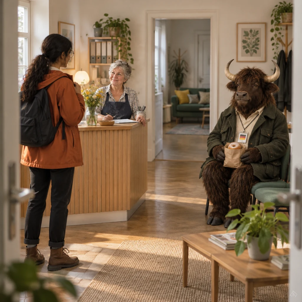 Priya has just entered the Praxis, Renate looks up from the reception desk, and Anton waits on two chairs with a paper bag.