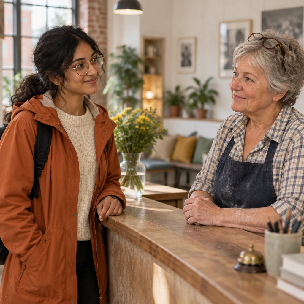 Priya stands at the reception counter and tells Renate she has an appointment.
