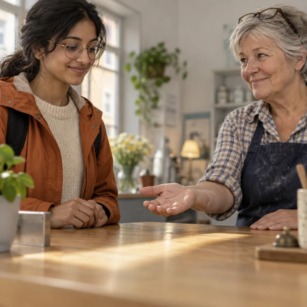 Renate extends an open palm across the desk to request Priya’s insurance card.