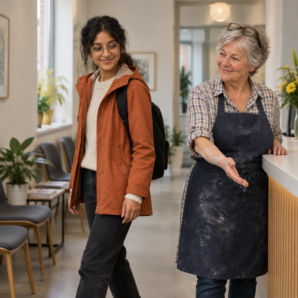 Renate gestures toward the waiting-room chairs as Priya turns in that direction.