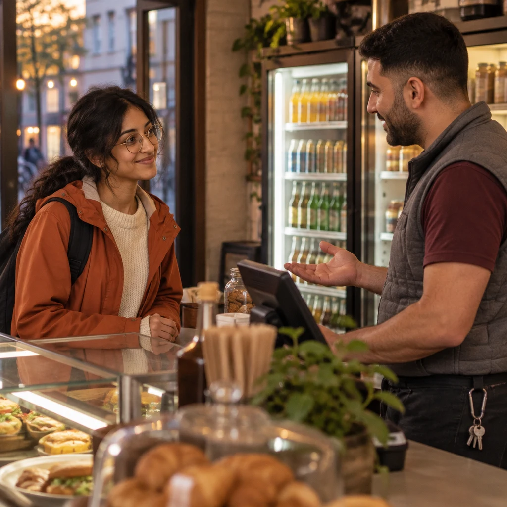 Deniz asks Priya what she would like while she stands at the counter.