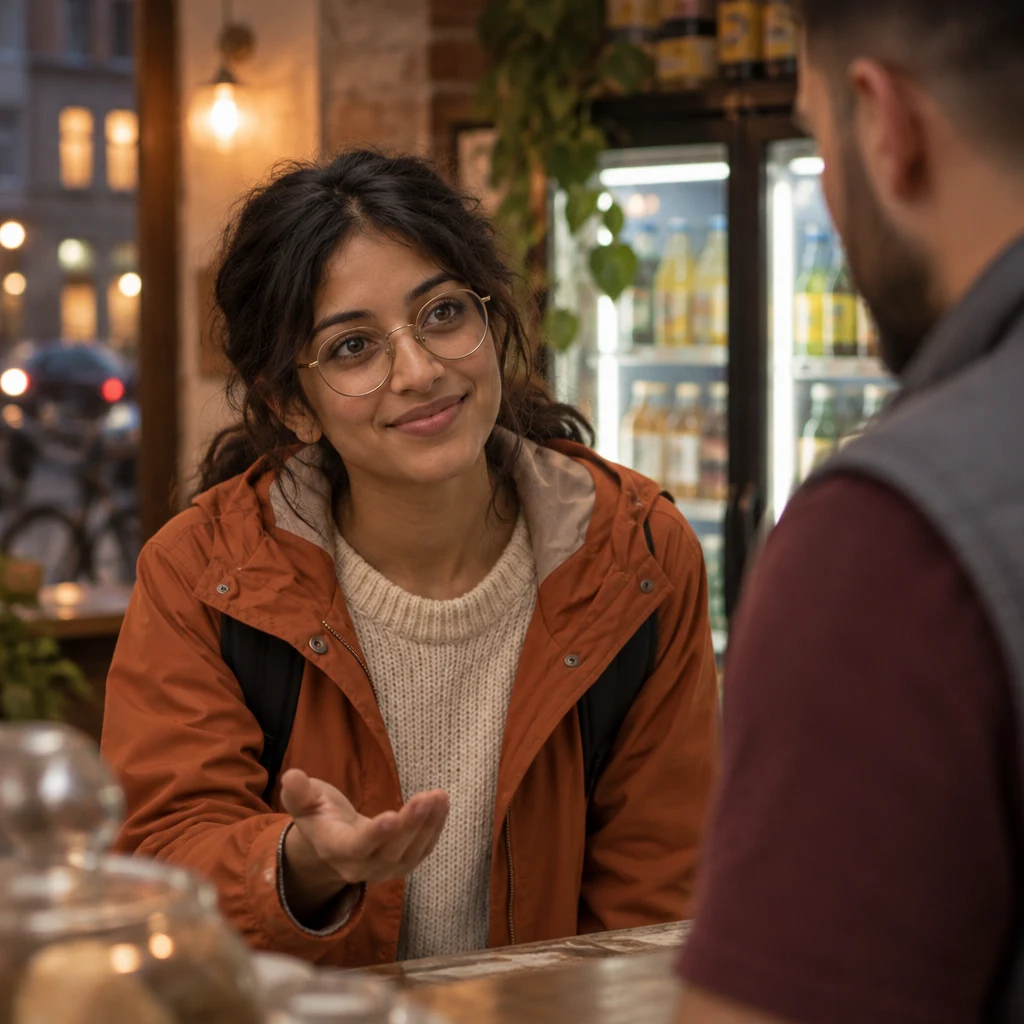 Priya leans in at the counter with a small, inviting gesture as she asks for an example.