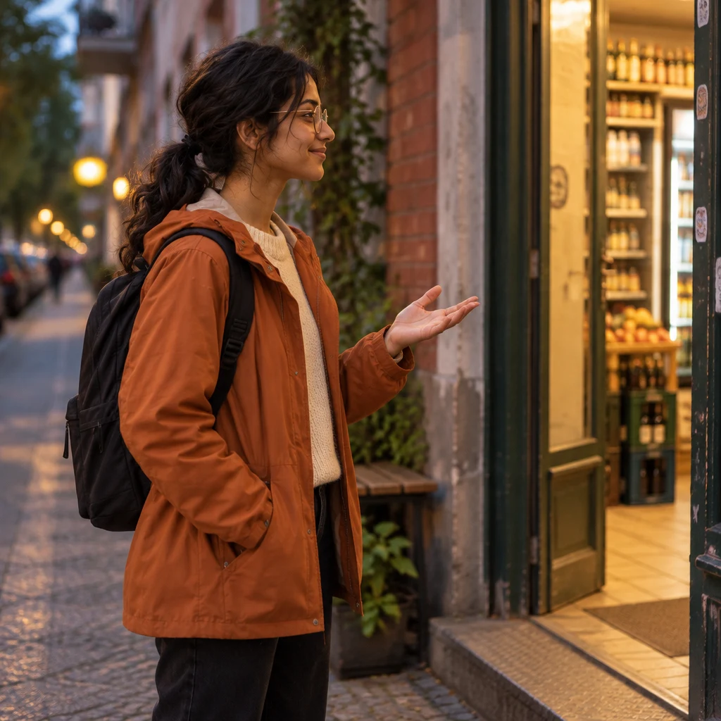 Priya pauses on the pavement and turns toward the Späti with a curious, open gesture.