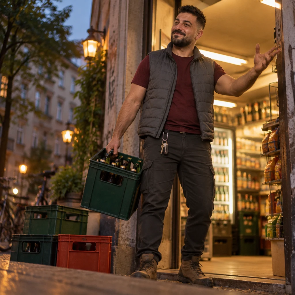 Deniz holds a crate halfway lifted and gestures eagerly from the Späti doorway.