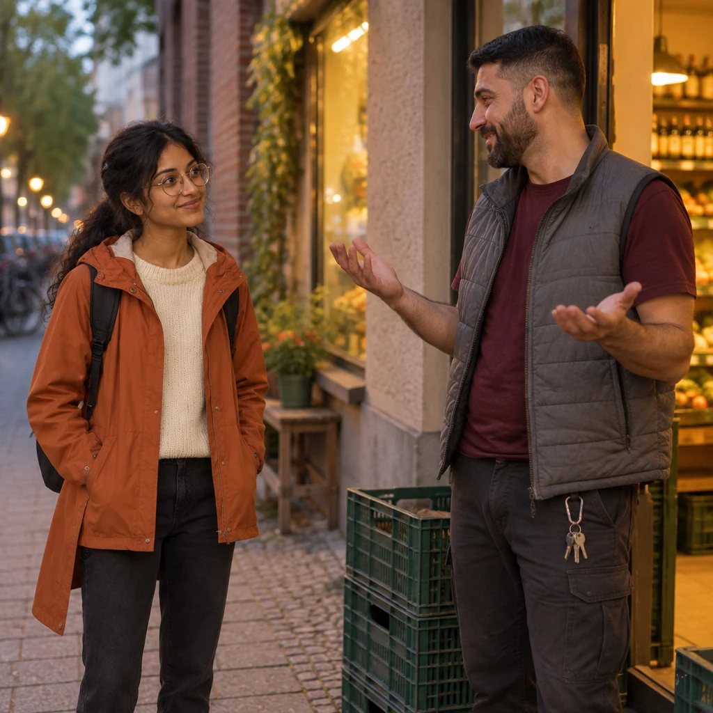 Deniz stands beside the crate with a modest palms-up shrug while Priya listens at the shop entrance.