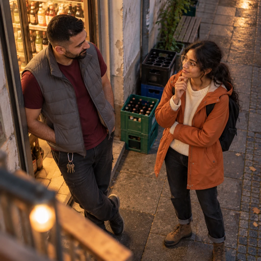 Deniz leans against the doorway and listens while Priya considers his theory.