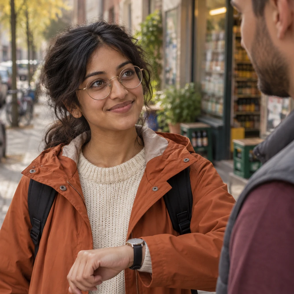 Priya raises her blank watch and looks toward Deniz as she checks whether the proposed time works.