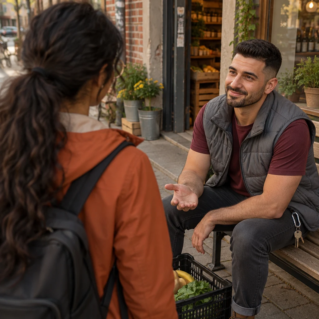 Deniz turns an open palm toward Priya while confirming he will be there.