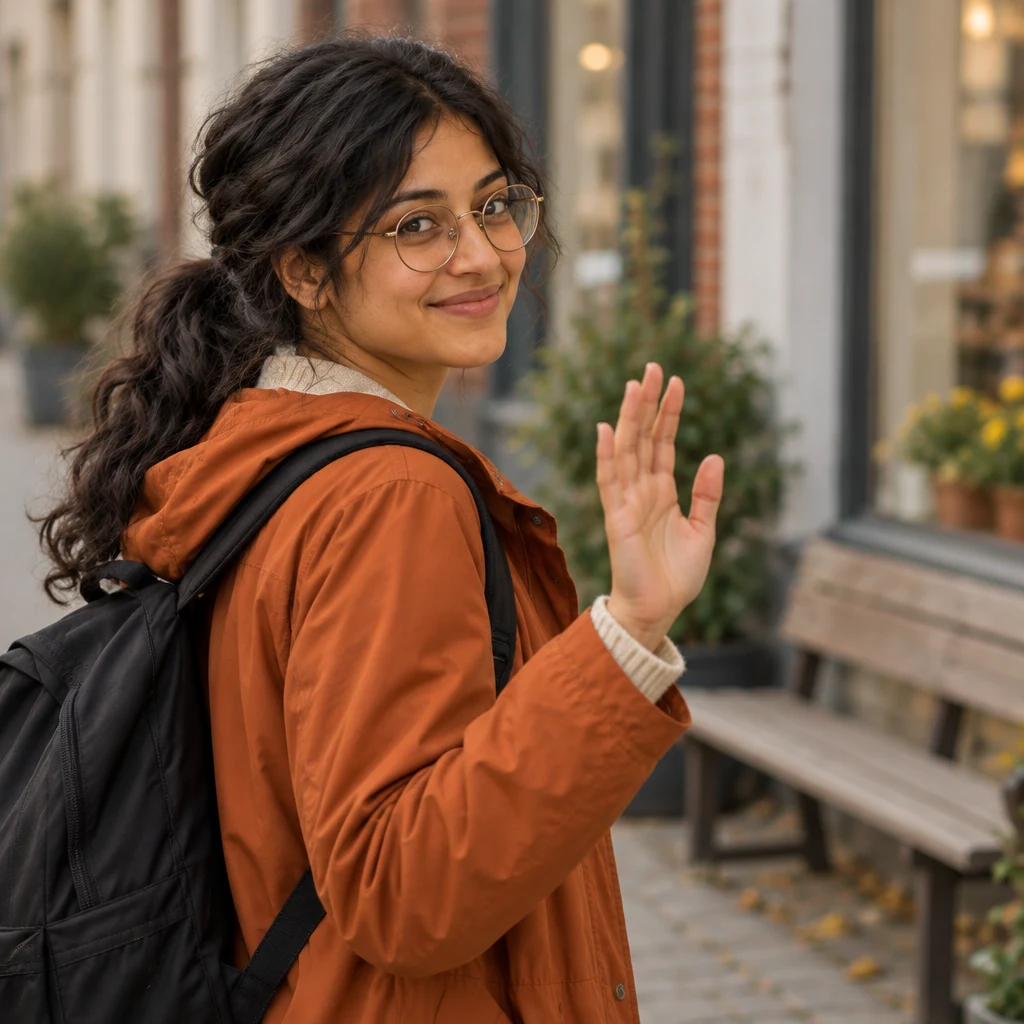 Priya turns away from the bench and gives Deniz a small farewell wave.