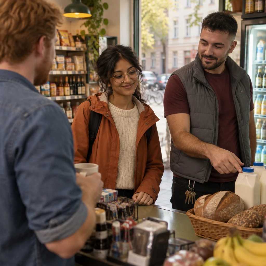 From behind Jonas, Priya and Deniz stand by the Späti counter with bread and the last milk carton.