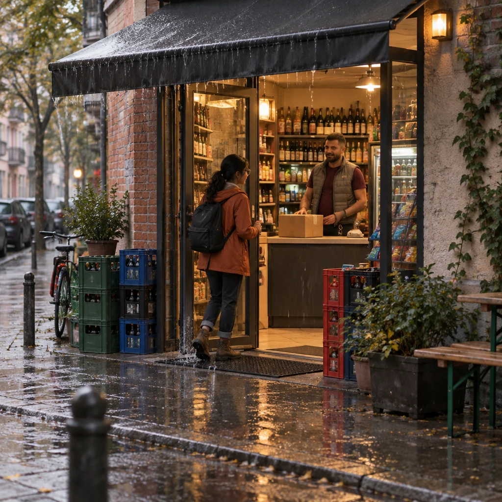 Priya enters Deniz's Späti through the rain while Deniz waits by the counter.