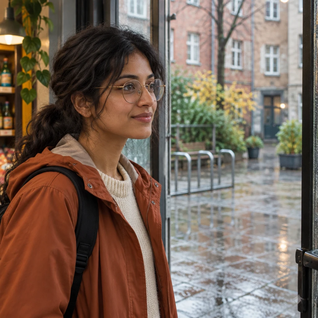 Priya looks from the doorway toward an empty bike stand in the rain.
