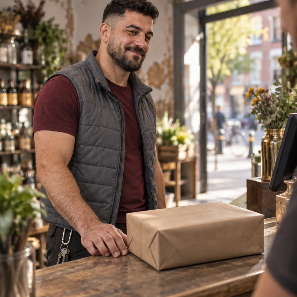 Deniz rests a hand beside the parcel near the till.