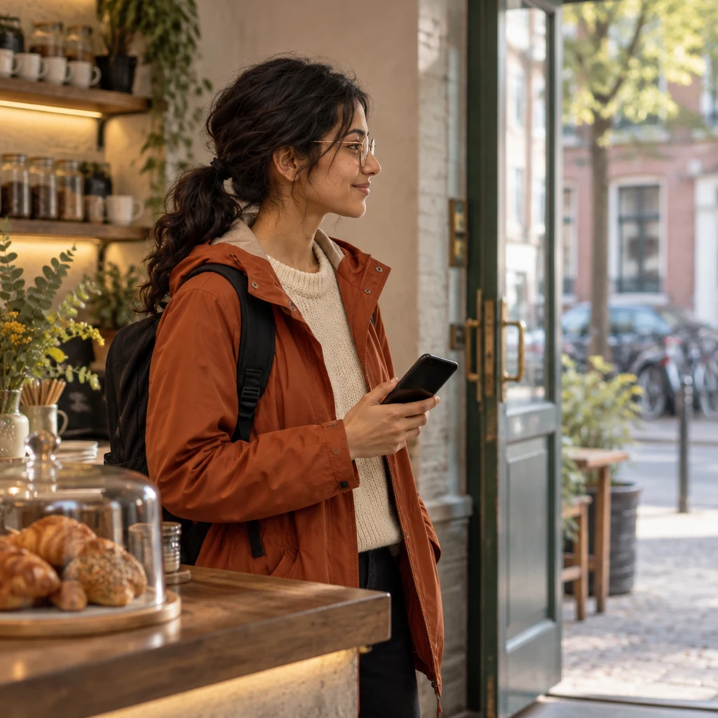 Priya turns toward the door with her phone in hand, ready to leave for a meeting.