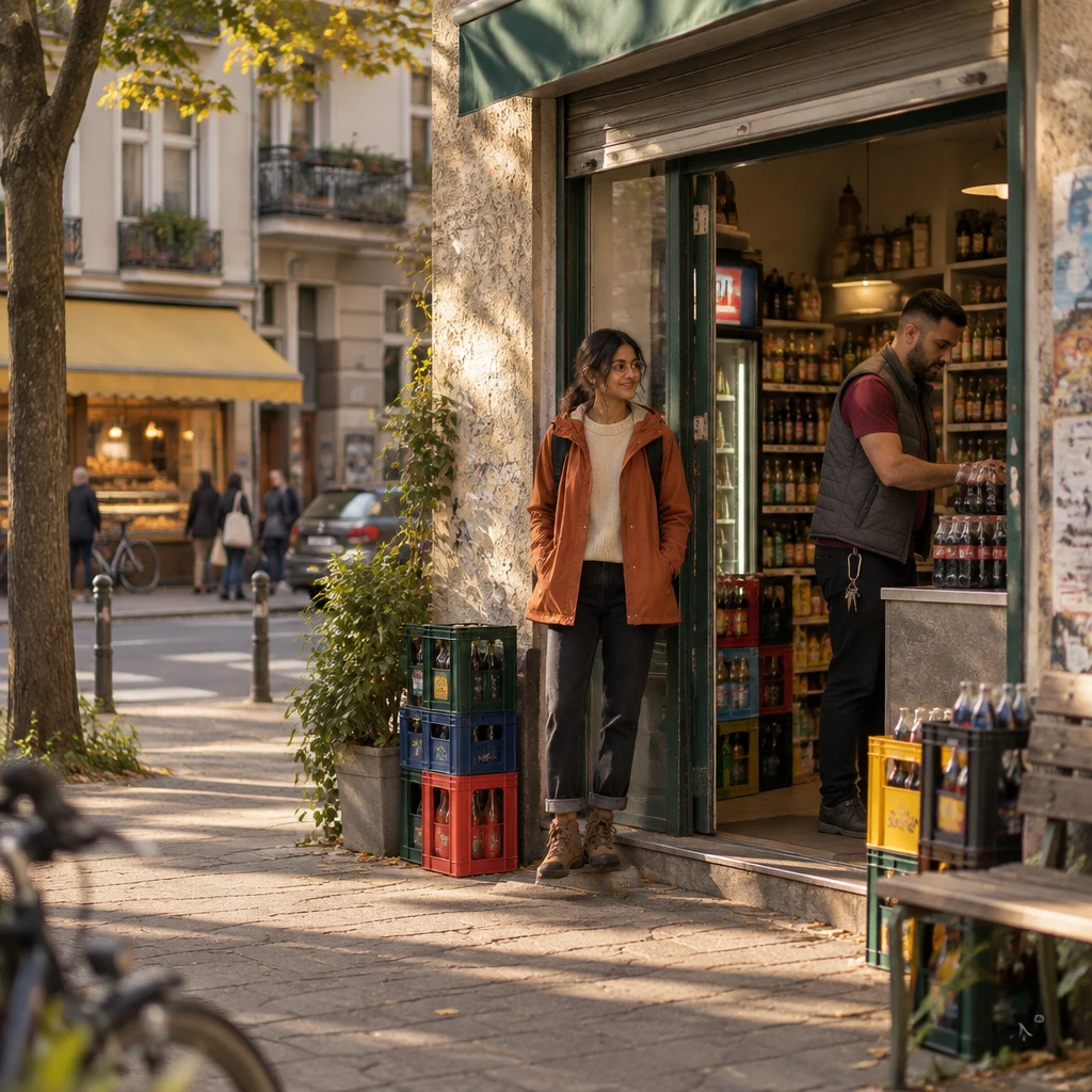 Priya pauses at Deniz’s Späti doorway while Deniz stacks bottles behind the counter.