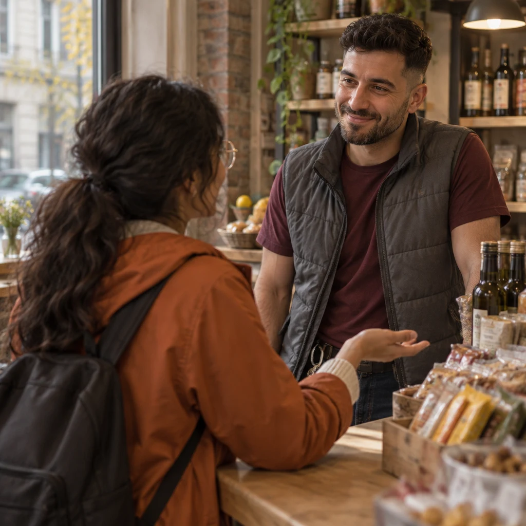 Priya gestures toward the snack shelves as she asks Deniz for a recommendation.