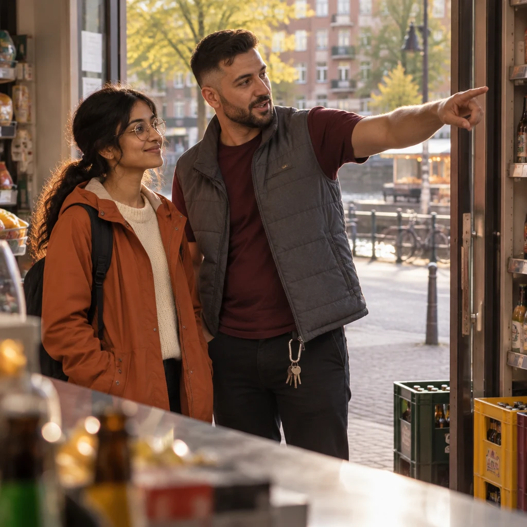 Deniz points through the open doorway toward the canal stall as Priya listens.