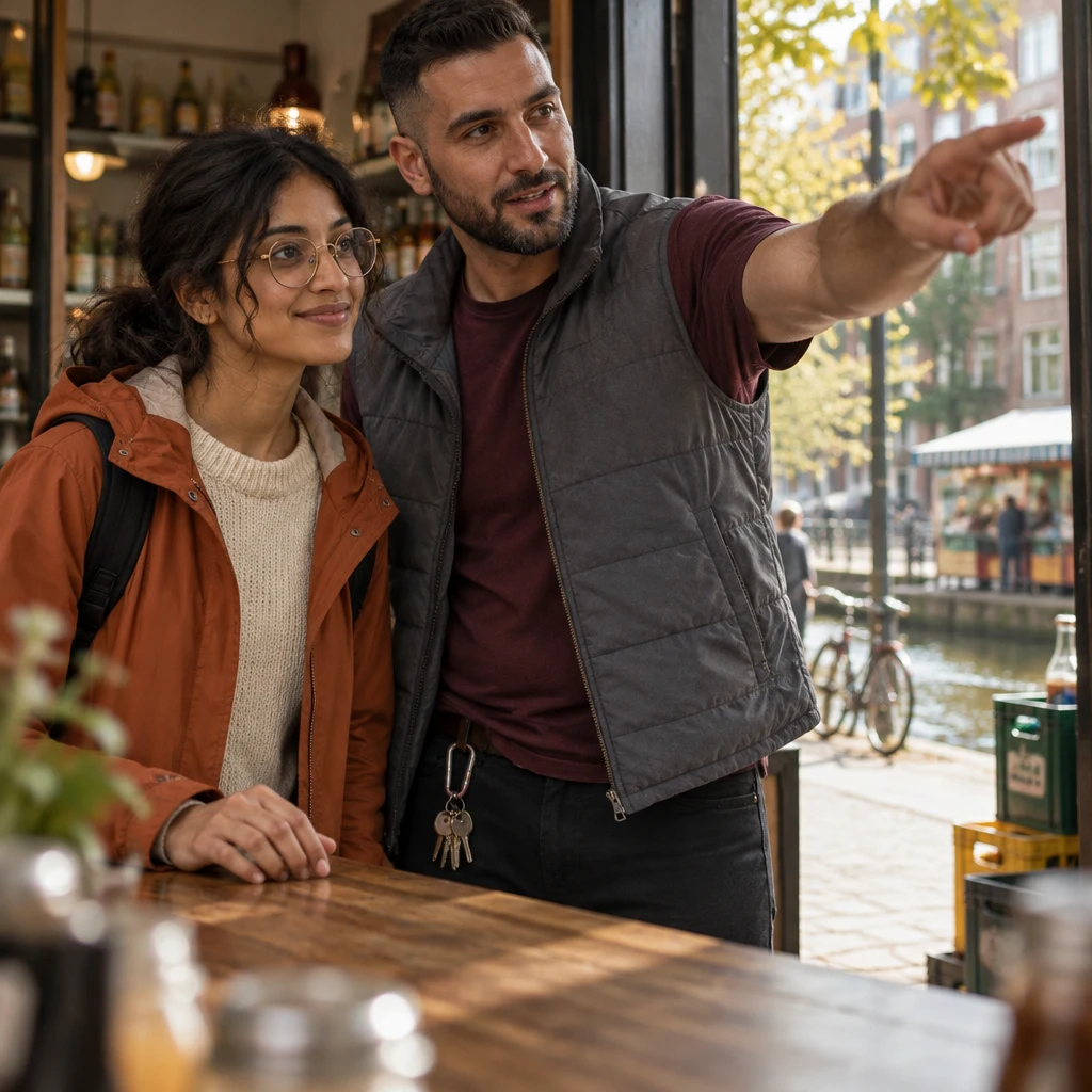 Deniz’s pointing hand and Priya’s hand indicate the route through the open doorway.
