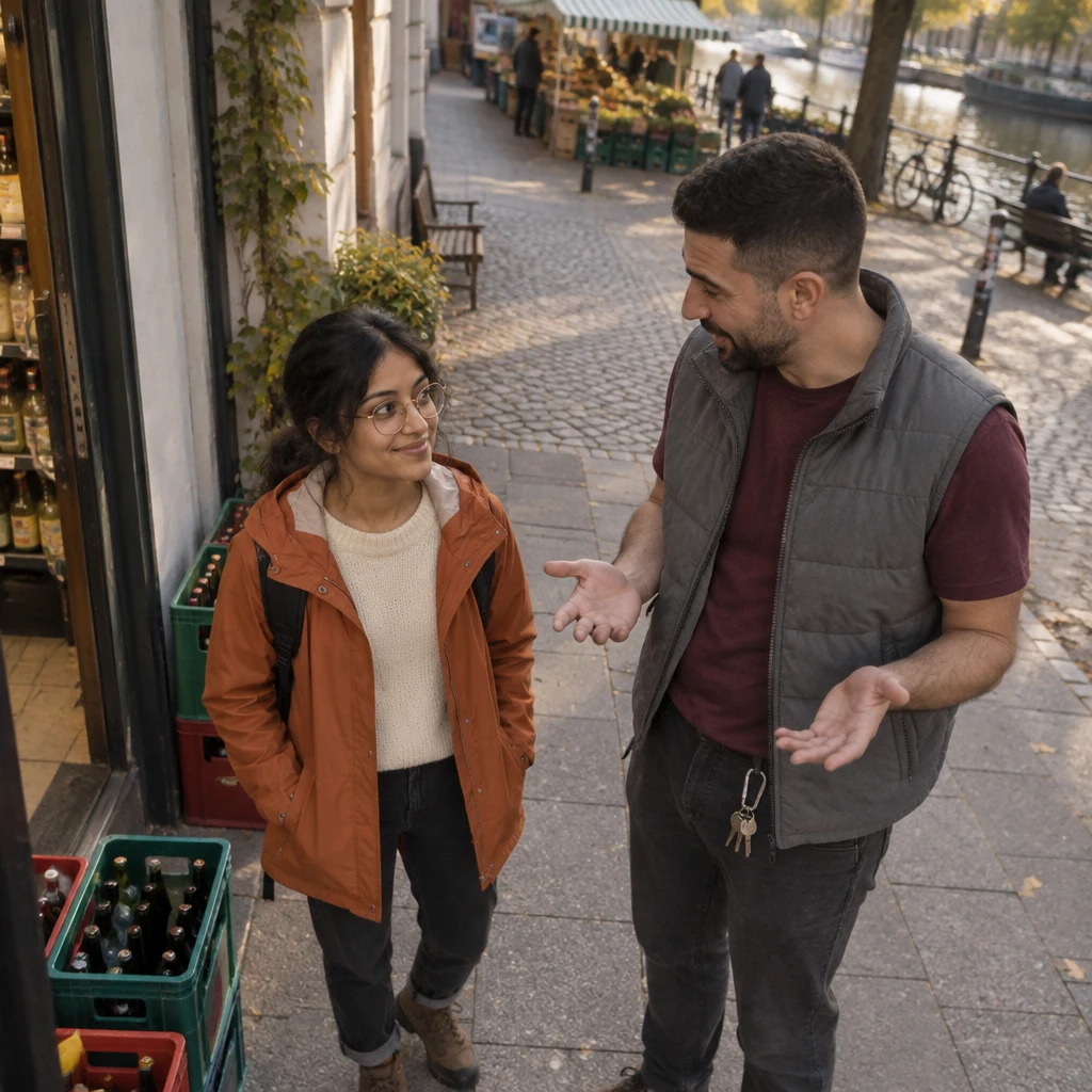 Outside the Späti, Deniz shrugs as Priya considers what kind of food she wants.