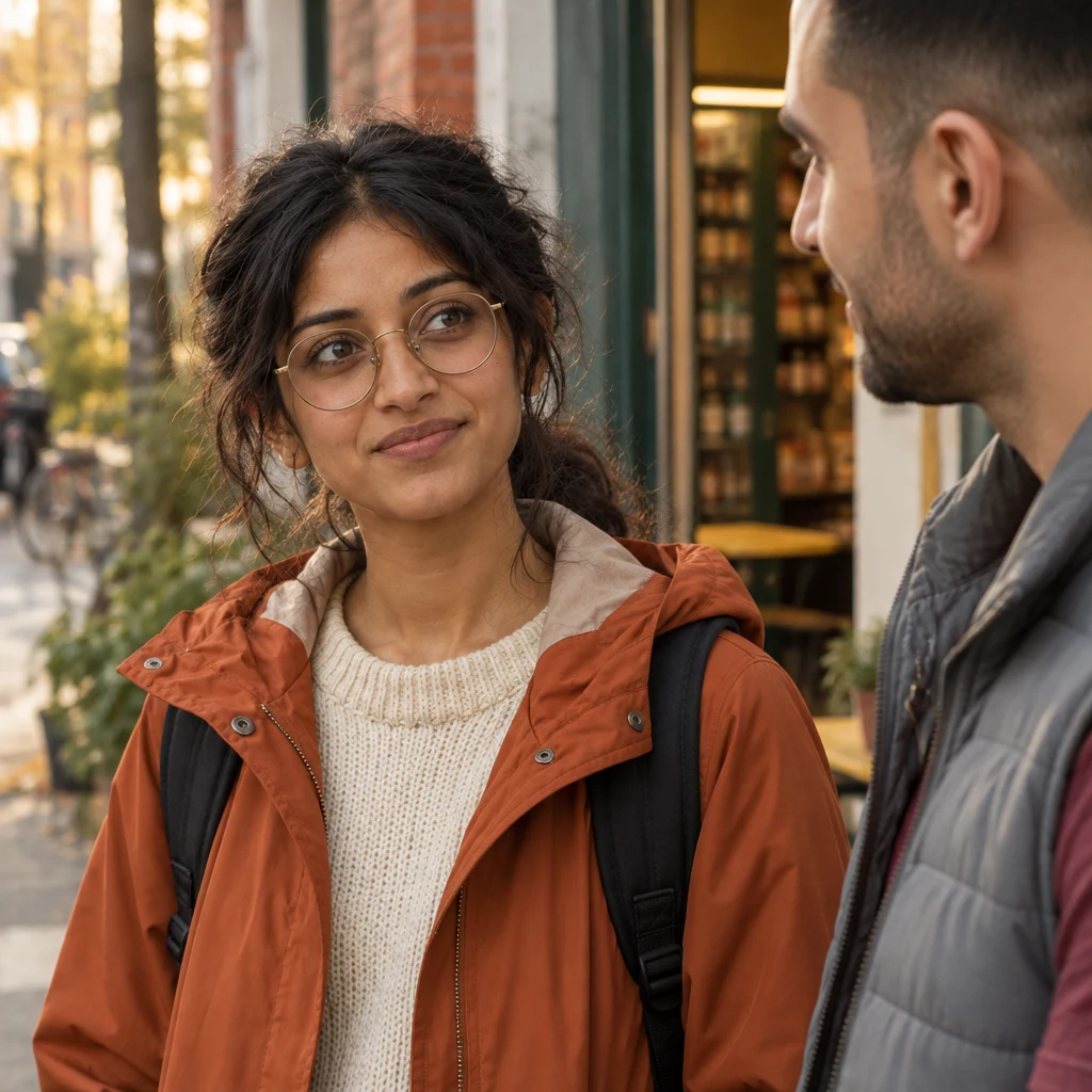 Priya reflects on an expensive café meal while Deniz listens beside her.