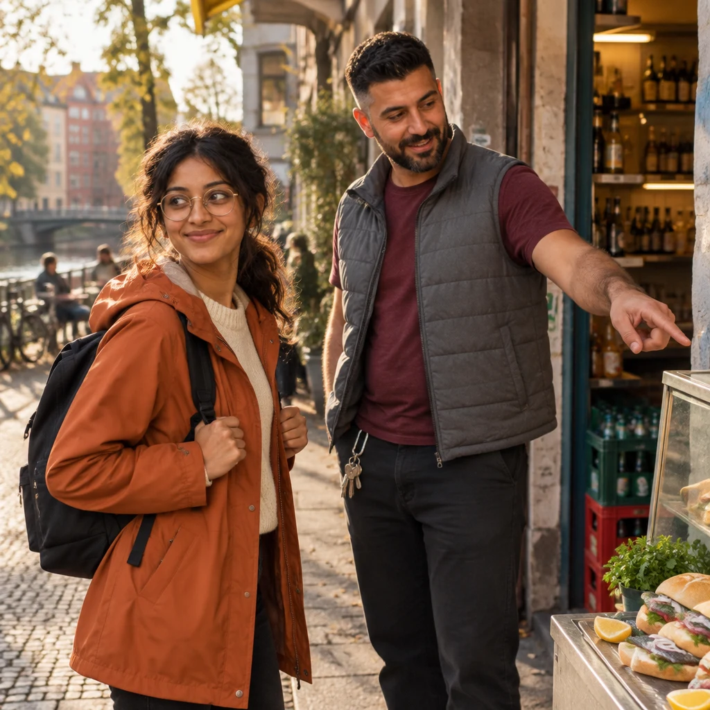 Priya turns toward the canal route as Deniz points out the stall and recommends its fish roll.