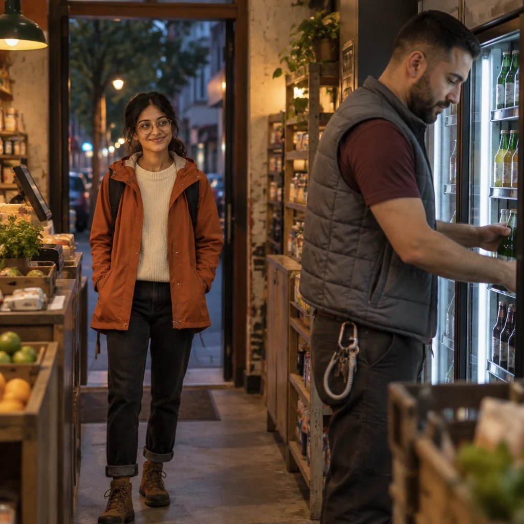 Priya enters Deniz's Späti while Deniz restocks bottles beside the fridge wall, with a spare cable hanging from his belt.