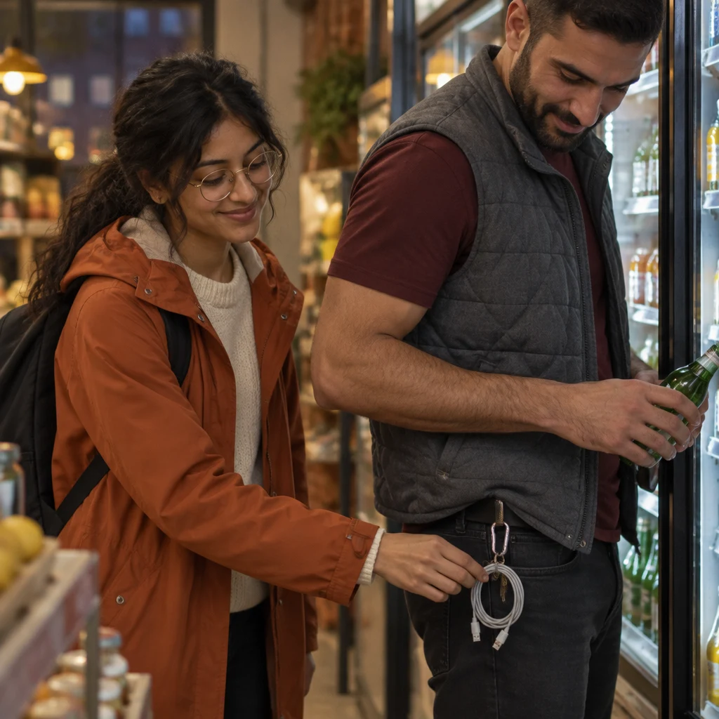 Priya gestures toward the cable hanging from Deniz's belt as she asks to borrow it.