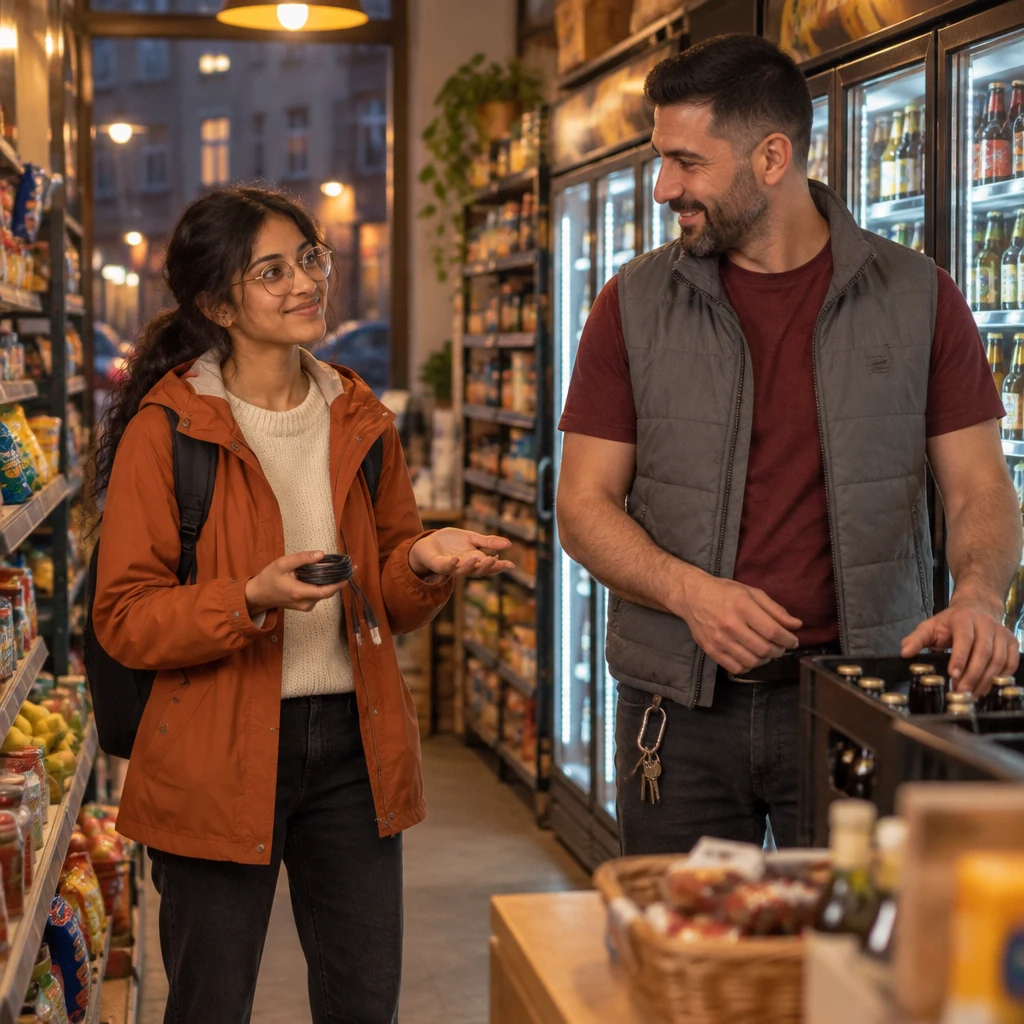 Deniz gives Priya permission to take the cable, and Priya holds it while making a grateful open-palm gesture.