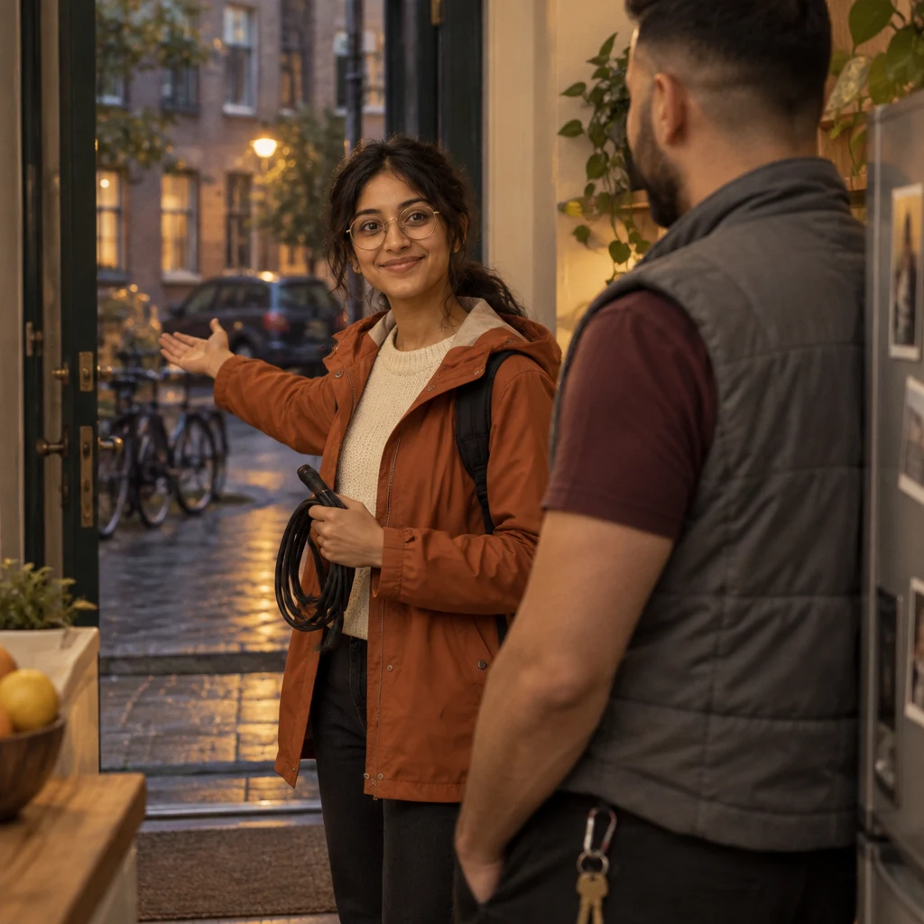 Priya holds the borrowed cable and gestures toward the street door while promising to return it by tomorrow at the latest.