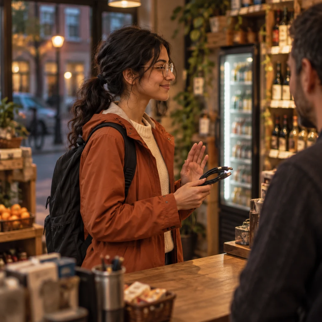 On a later evening, Priya stands by the counter holding the cable she forgot to return and makes a small apologetic gesture.