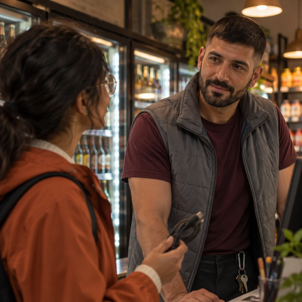 Deniz responds calmly as Priya holds out the forgotten cable and apologizes.